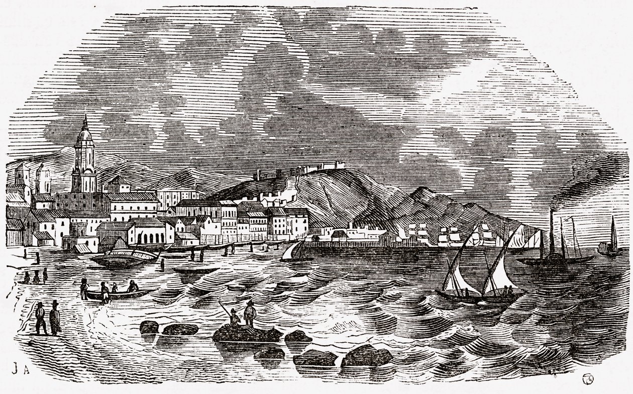 Stad en haven van Malaga, Spanje, midden 1800s door Spanish School