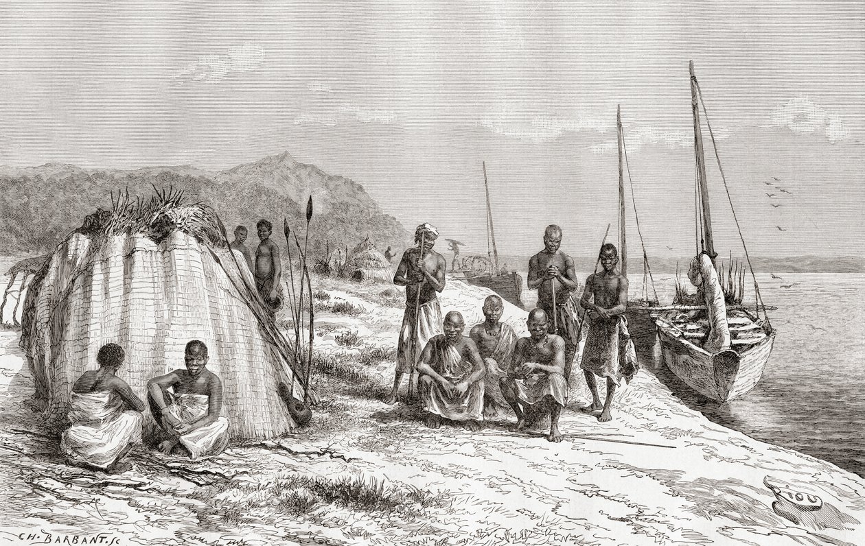 Congolese stamleden bij hun boten aan de Congo-rivier in de 19e eeuw, uit 