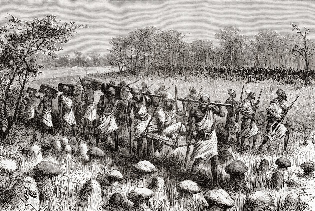Ontdekkingsreiziger Pietro Paolo Savorgnan di Brazza verlaat Kalasa, Zambia, uit 