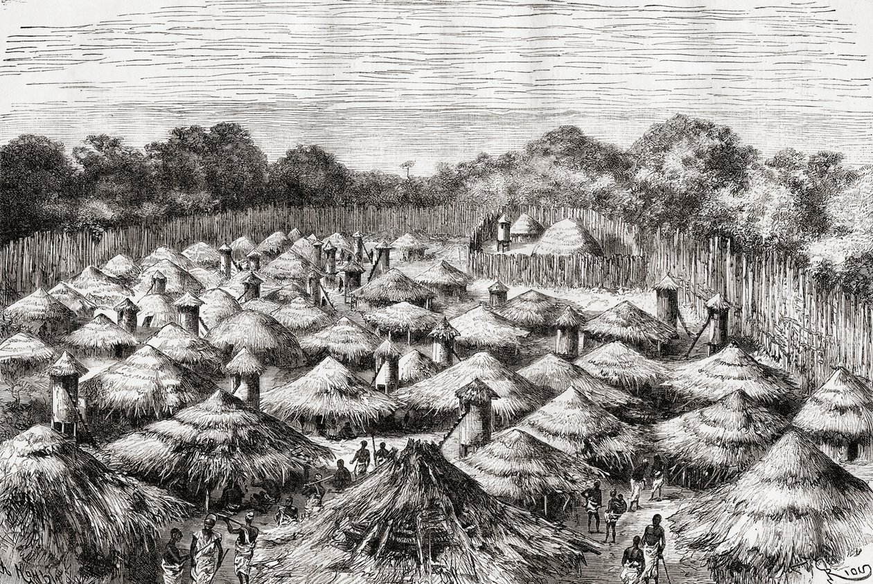 Het dorp Kiwana, Tanzania, zoals het was in de late 19e eeuw, uit 