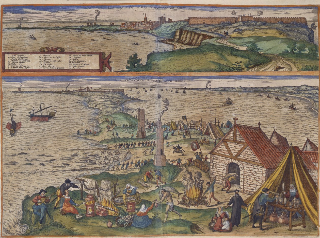 Gezichten van Cadiz (handgekleurde gravure) door Spanish School