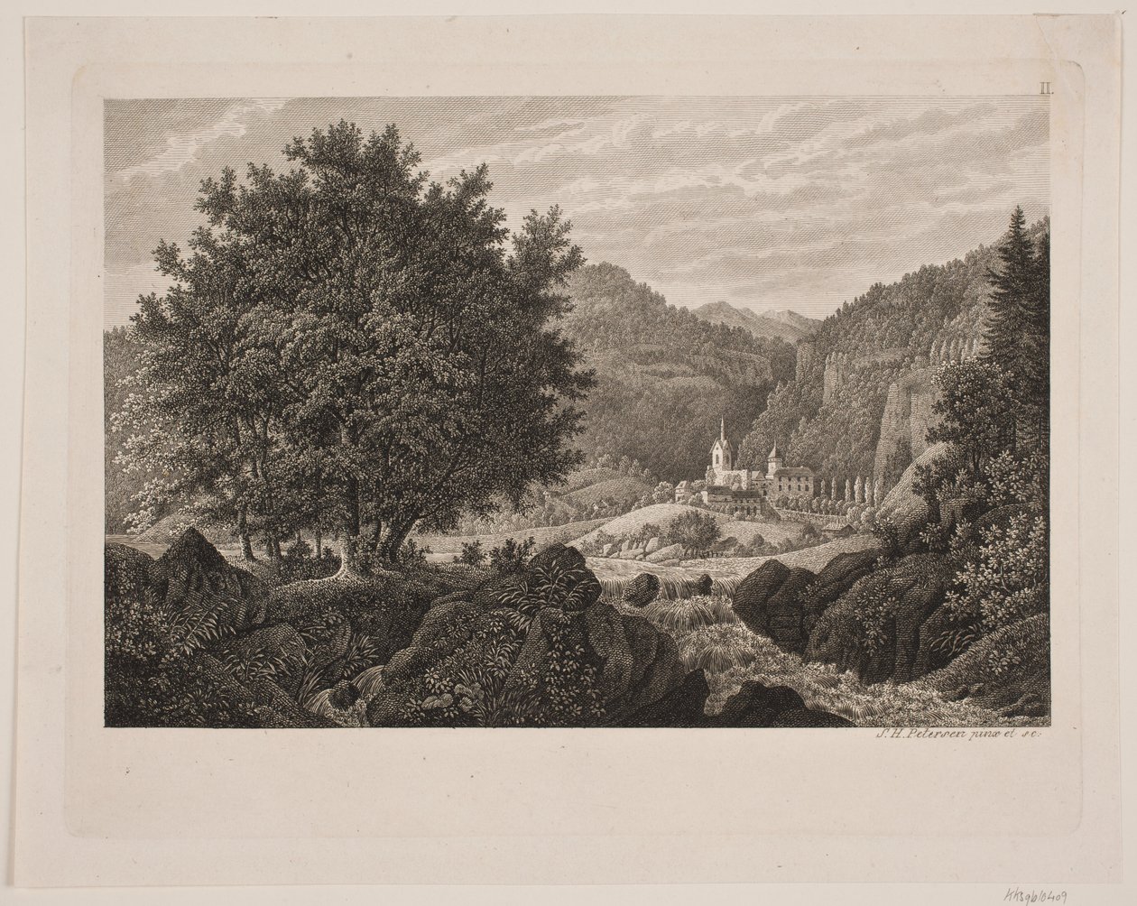 Berglandschap met een kerk door Søren Henrik Petersen