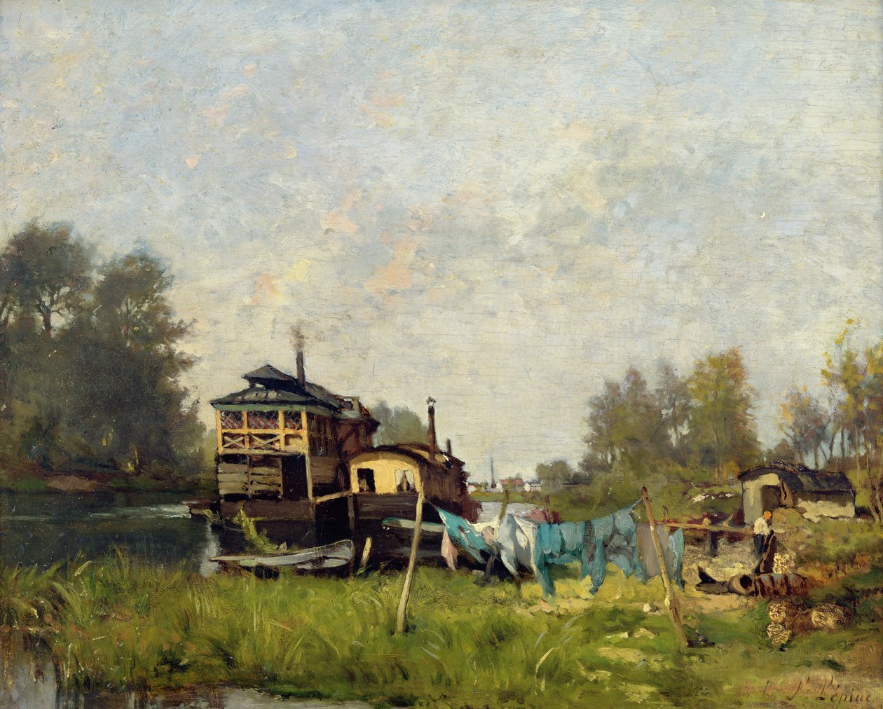 Boot van wasvrouwen op de Seine door Stanislas Victor Edouard Lepine