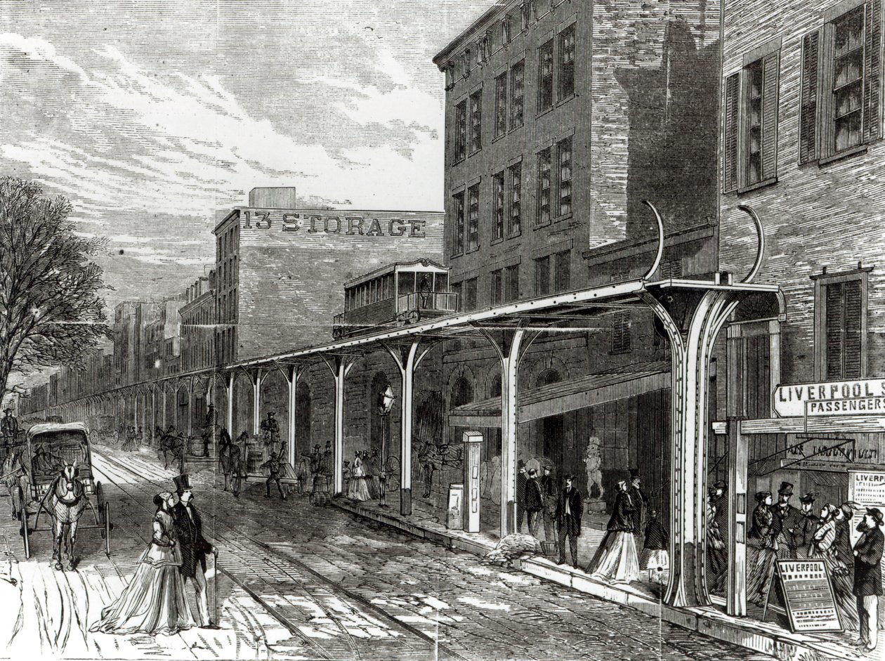 Verhoogde spoorweg in Greenwich Street, New York door Stanley Fox