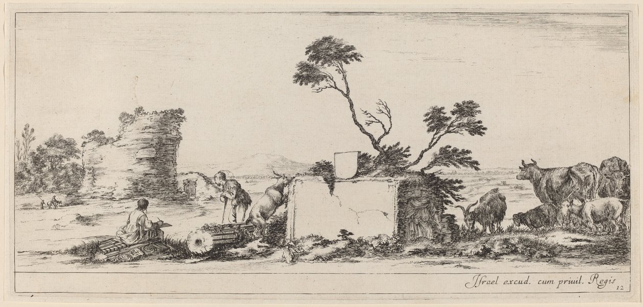 Campagnascène met kunstenaar die schetst door Stefano della Bella