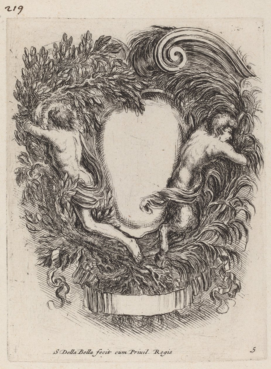 Cartouche met Apollo en Pan, 1647 door Stefano della Bella