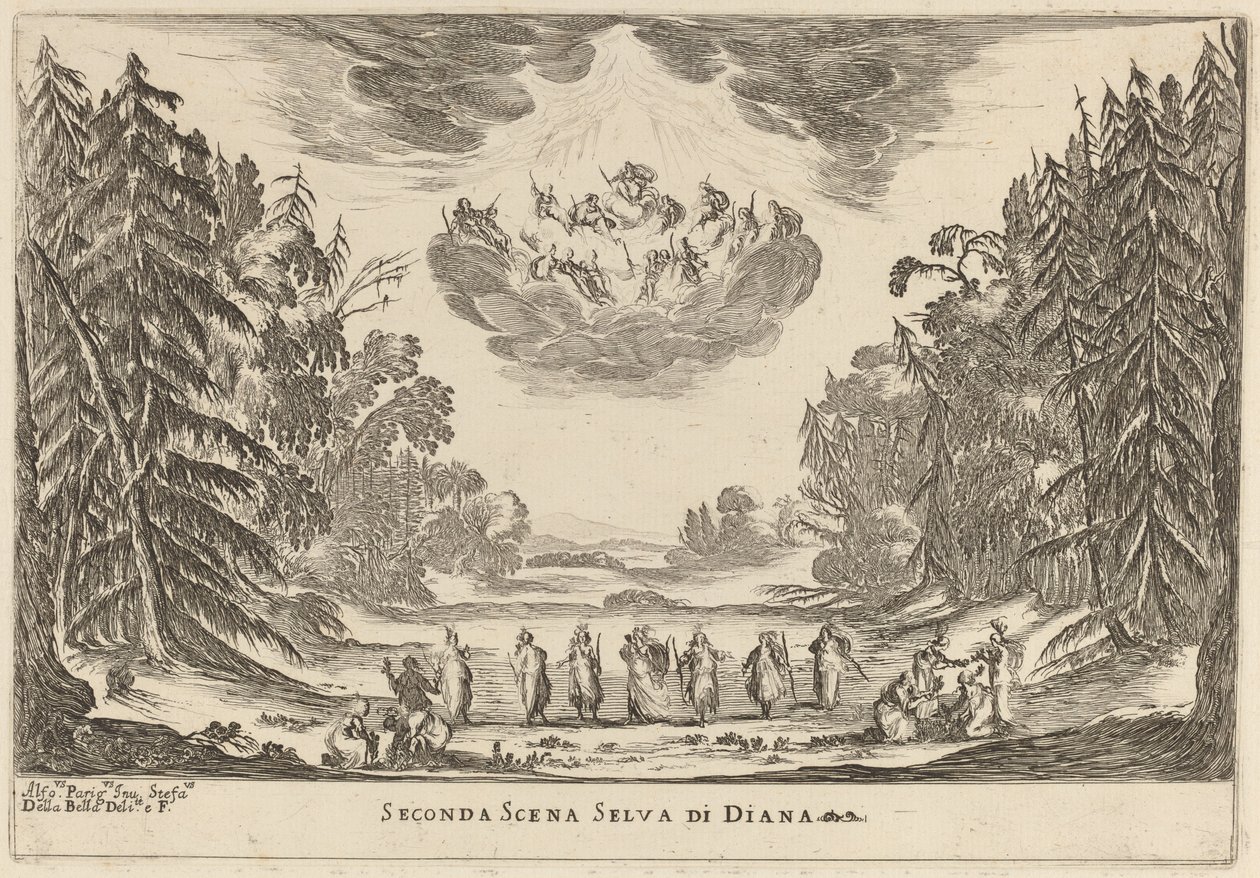 Tweede scène Selva di Diana door Stefano della Bella