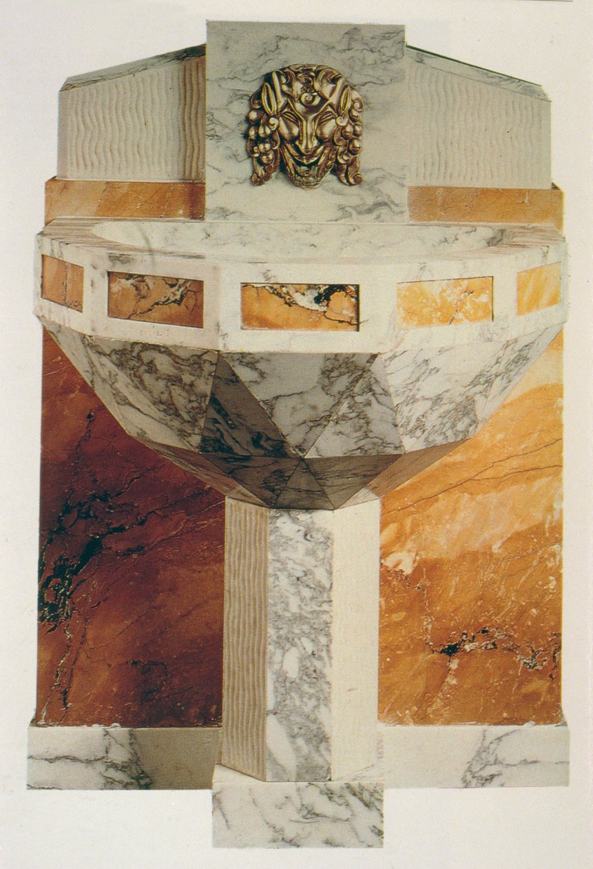 Muurfontein versierd met masker van een sater in verguld brons, c.1925 door Sue et Mare