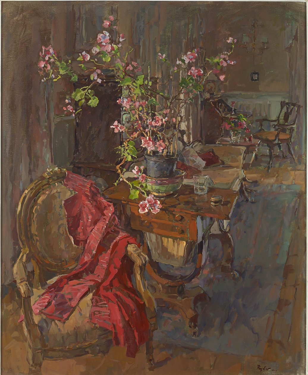 Rode jas met geranium door Susan Ryder