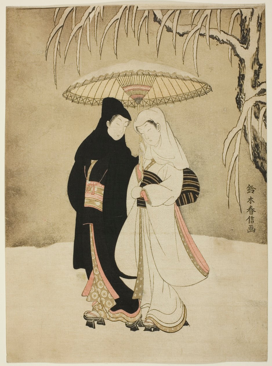 Liefhebbers Onder een Paraplu in de Sneeuw door Suzuki Harunobu