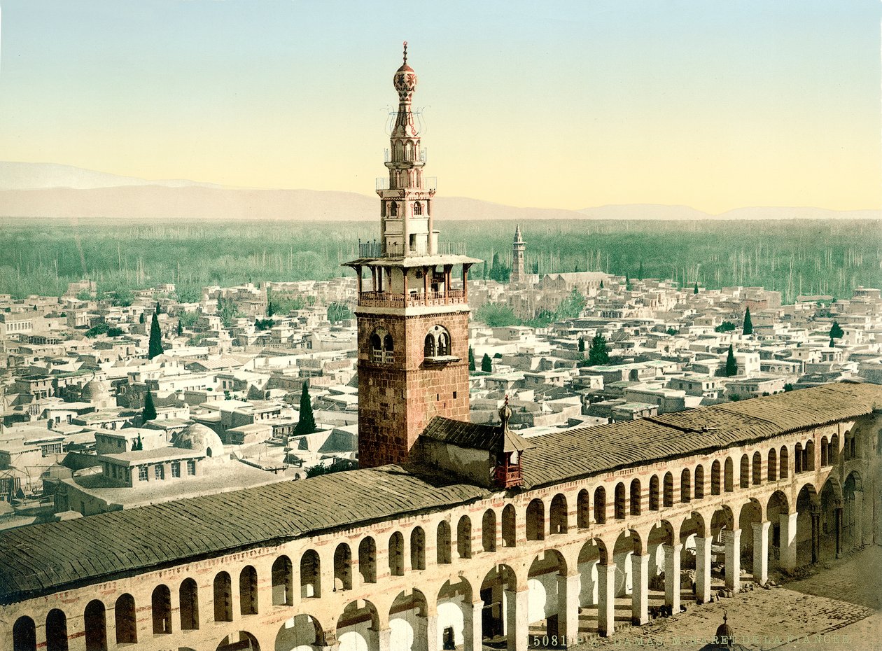 De zogenaamde Minaret de la Fiancee van de Grote Omajjadenmoskee in Damascus, ca. 1880-1900 door Swiss Photographer