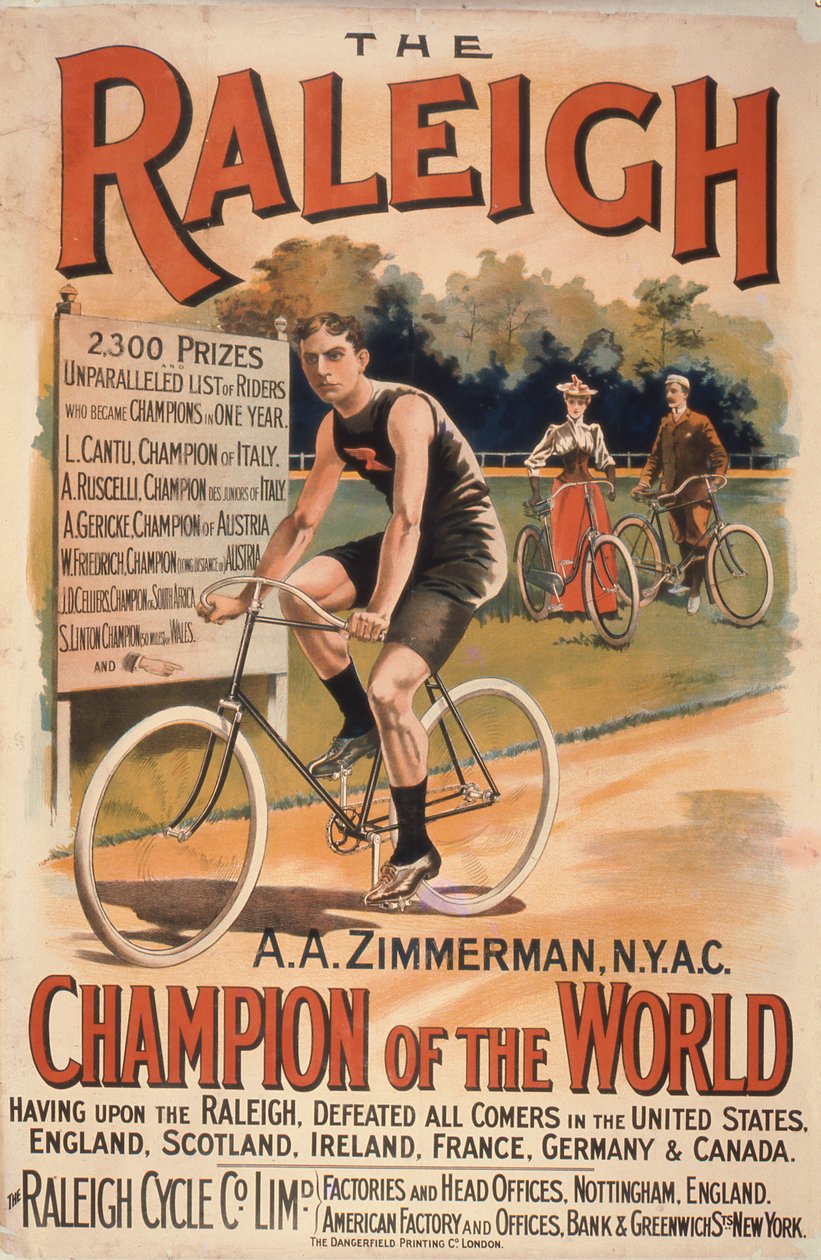 Poster die fietsen van Raleigh adverteert met een portret van Arthur Augustus Zimmerman, wereldkampioen, 1893 door T. Moore