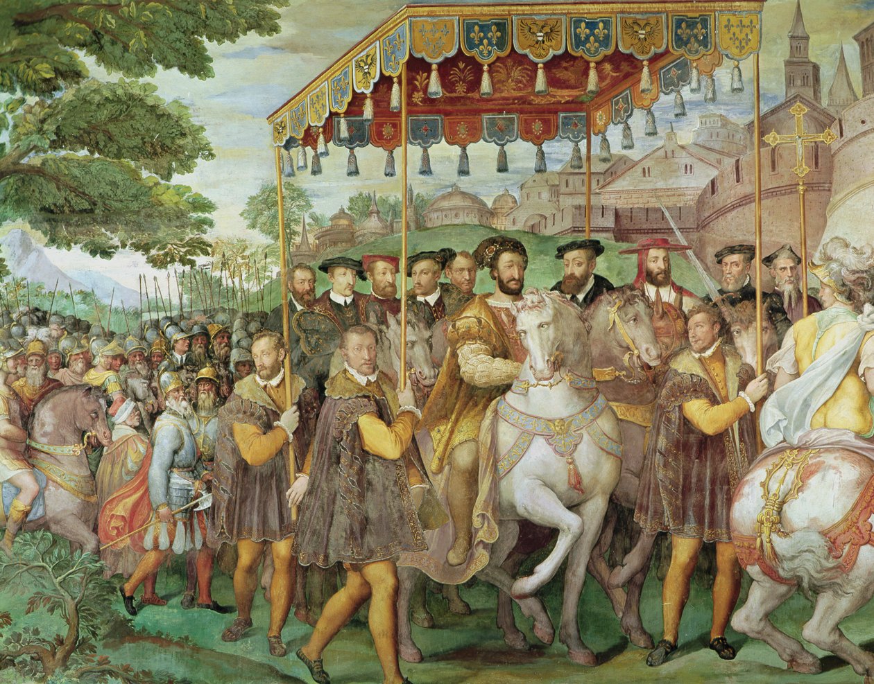 De Plechtige Intocht van Keizer Karel V (1500-58), Frans I (1494-1547) en Alessandro Farnese (1546-92) in Parijs in 1540, uit de 