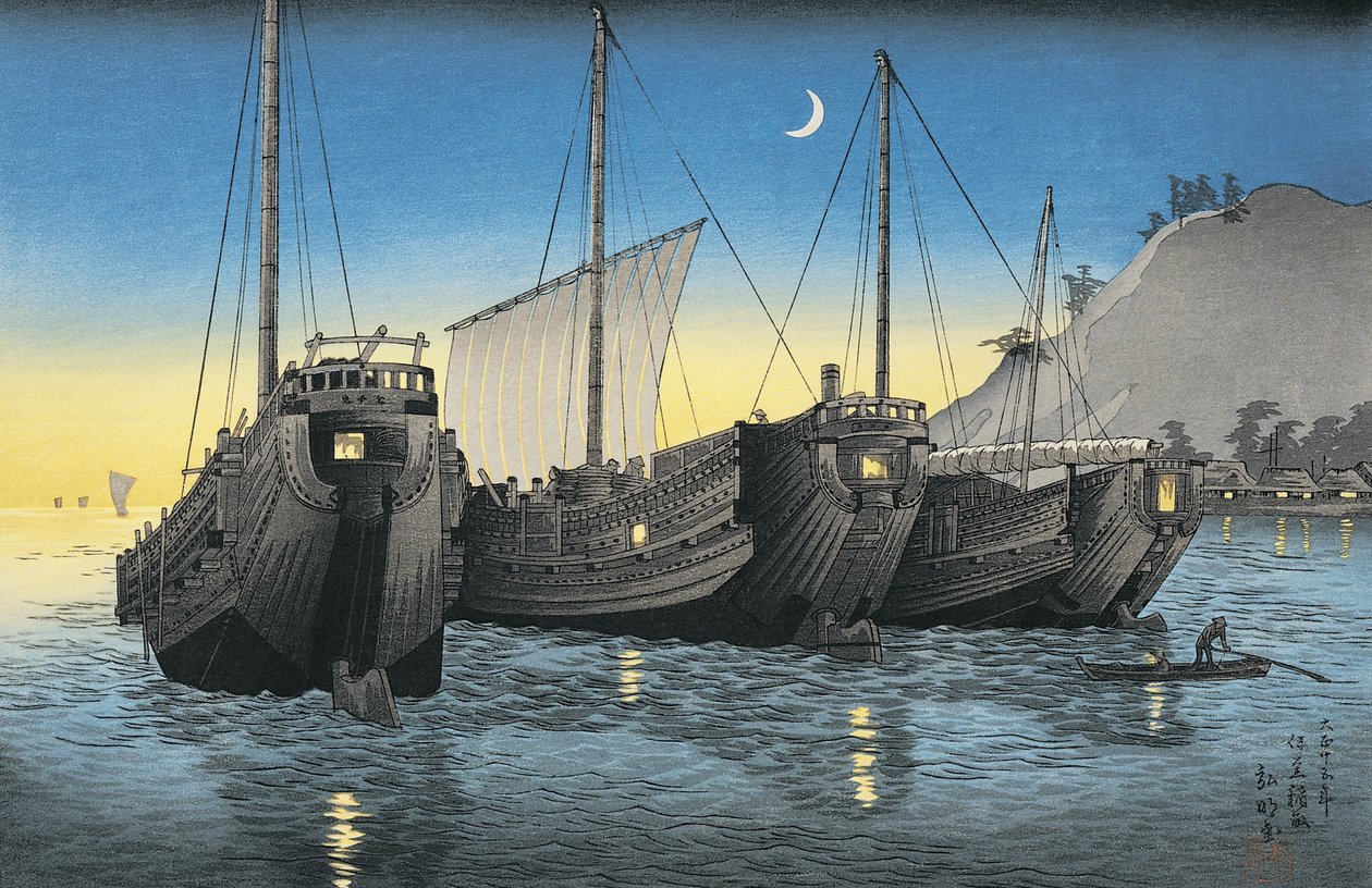 Jonk schepen in de zee door Takahashi Shotei