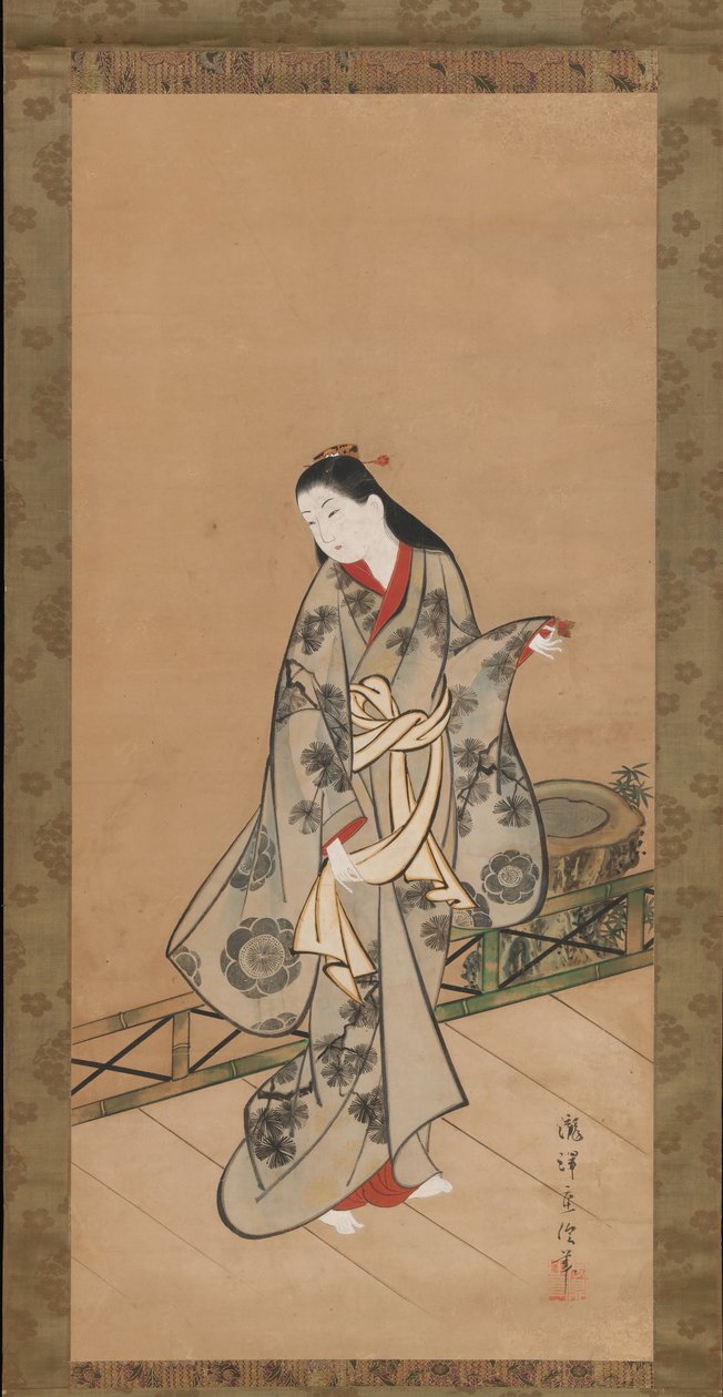 Vrouw op veranda, ca. 1730 door Takizawa Shigenobu