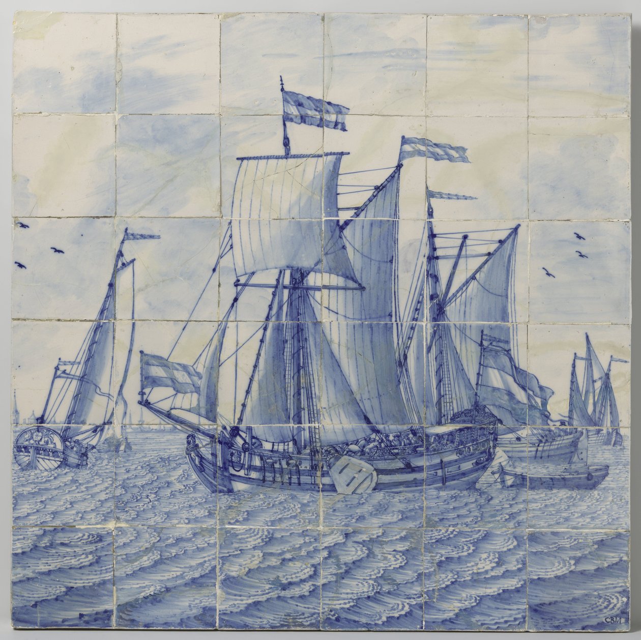 Tegeltableau met een zeegezicht door Tegelbakkerij aan de Delftschevaart