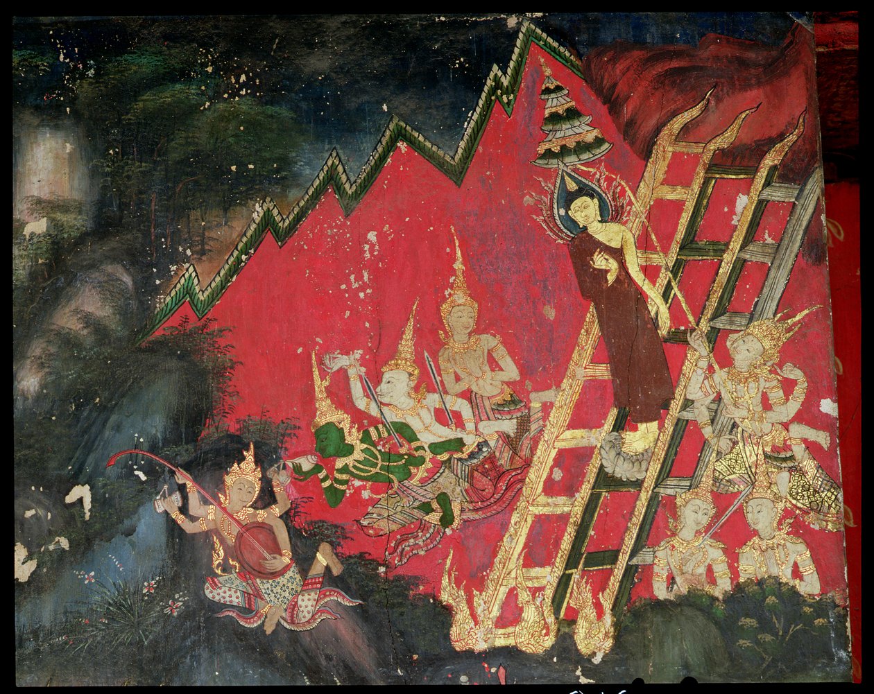 Boeddha daalt neer uit de hemel (muurschildering) door Thai School