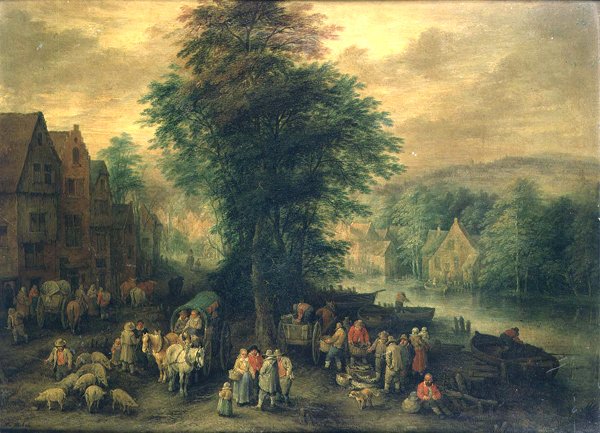 Boslandschap met boeren, wagens en vee door Theobald Michau