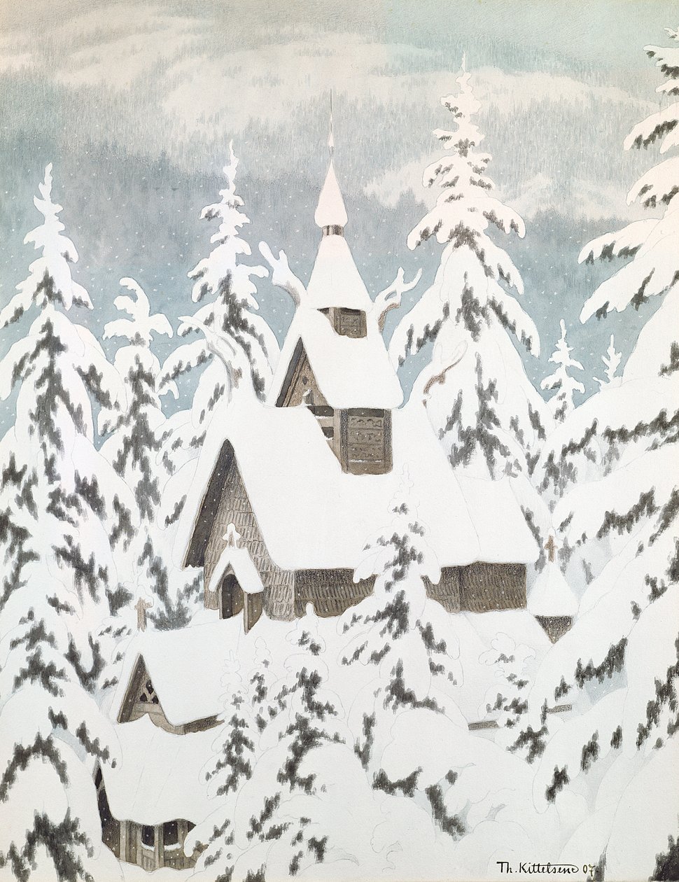 Kerk in de sneeuw door Theodor Kittelsen