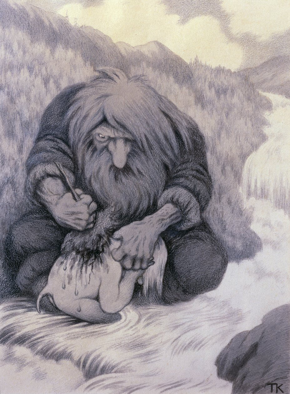 De trol die zijn kind wast door Theodor Kittelsen