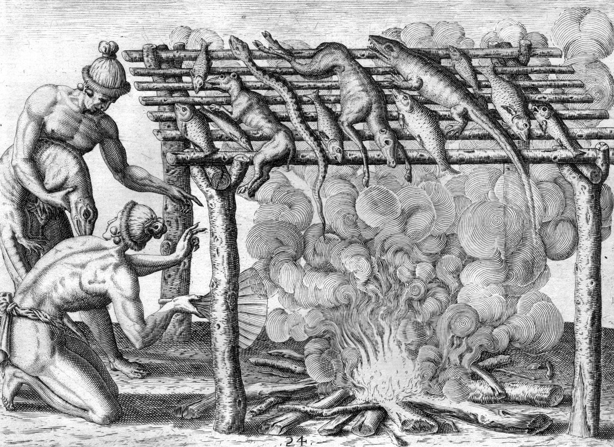 Timucua-indianen drogen voedsel door Theodor de Bry