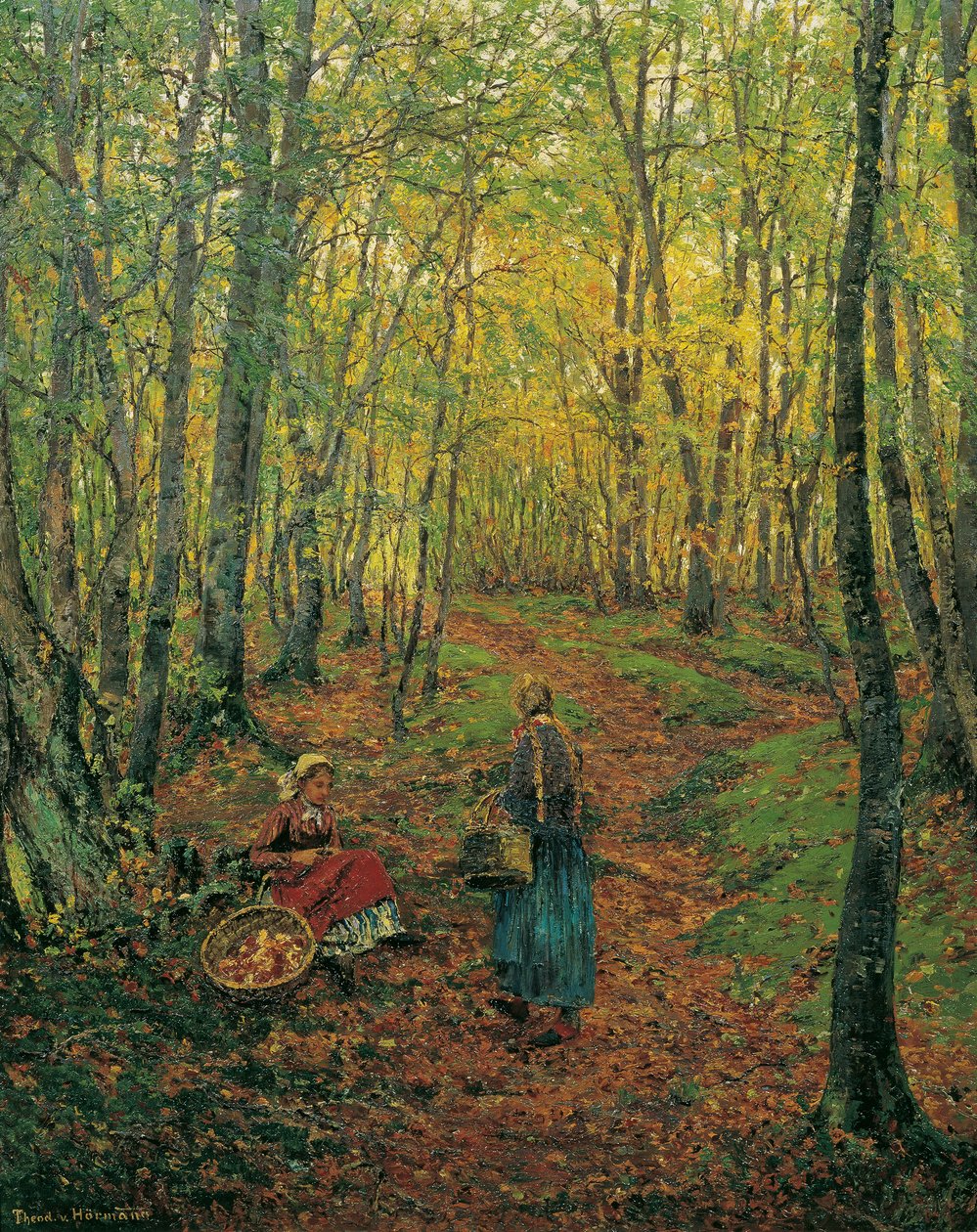 Binnen in het bos met een meisje dat paddenstoelen zoekt door Theodor von Hormann