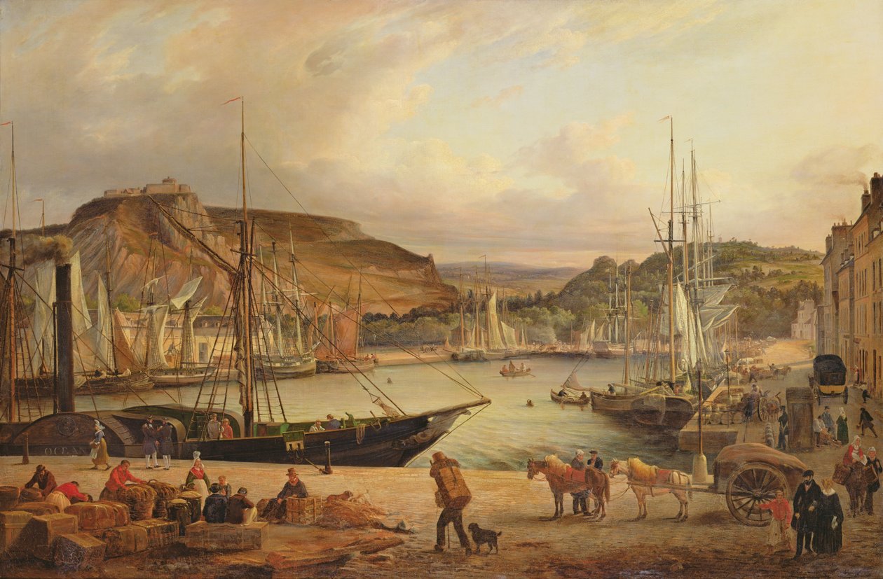 Uitzicht op de commerciële haven van Cherbourg door Theodore Deslinieres