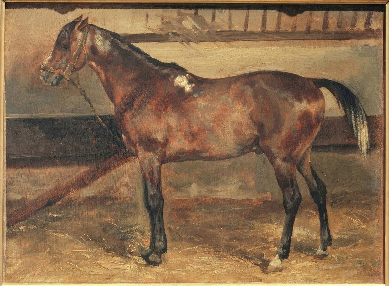 Bruin paard in de stal door Theodore Gericault
