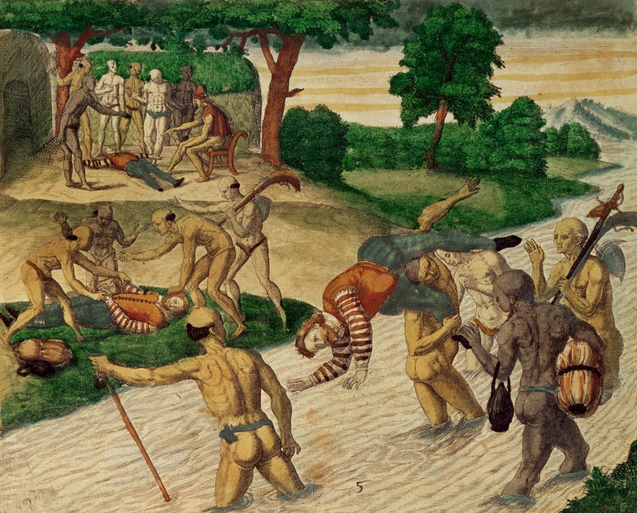 Zuid-Amerikaanse indianen verdrinken Spanjaarden om te zien of ze onsterfelijk zijn door Theodore de Bry