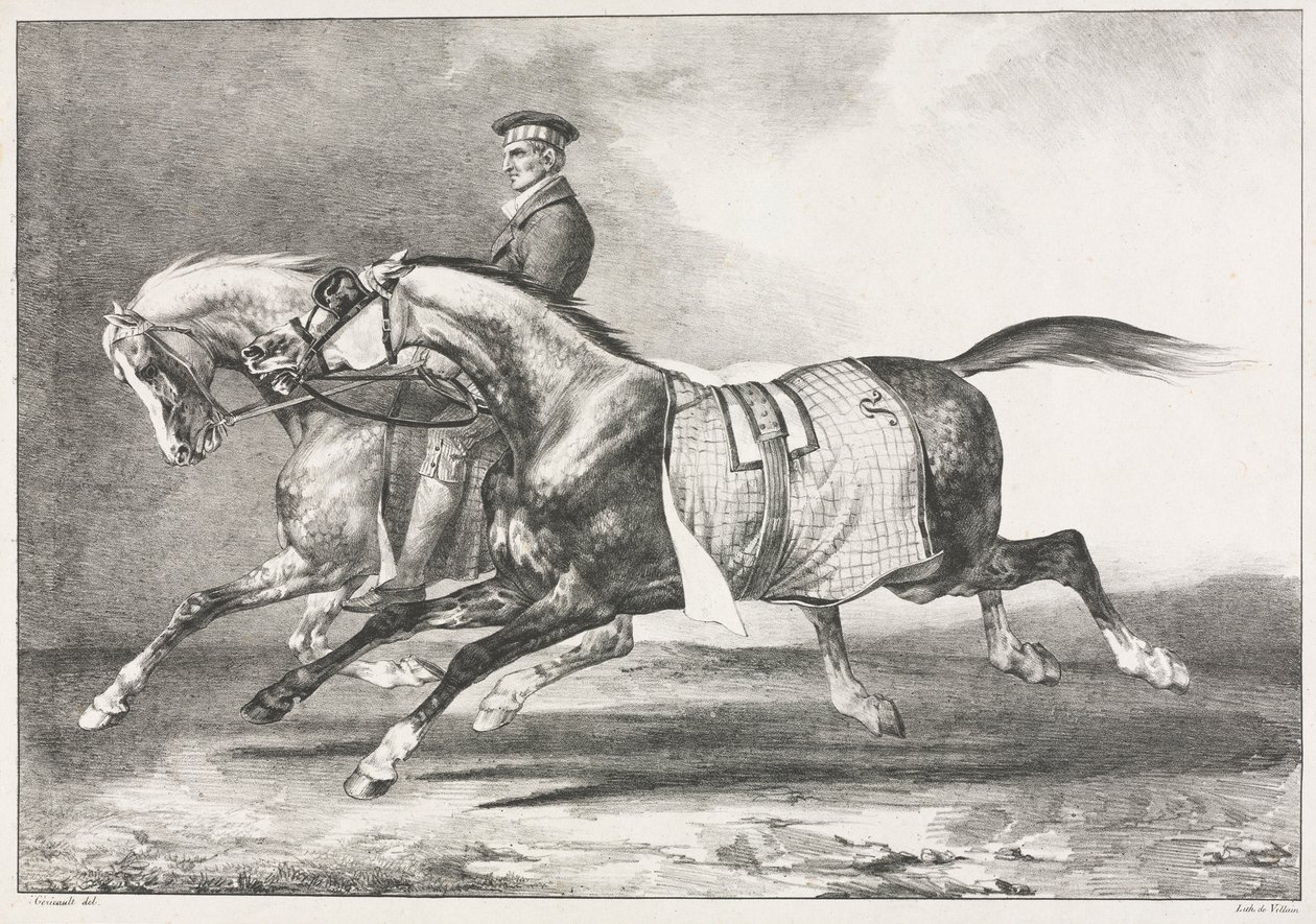 Twee gevlekte paarden aan het oefenen door Theodore Gericault