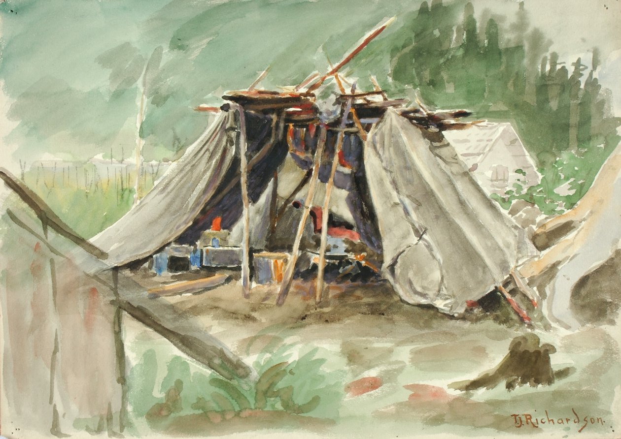 Indiaans kamp, Alaska, ca. 1880-1914 door Theodore J. Richardson