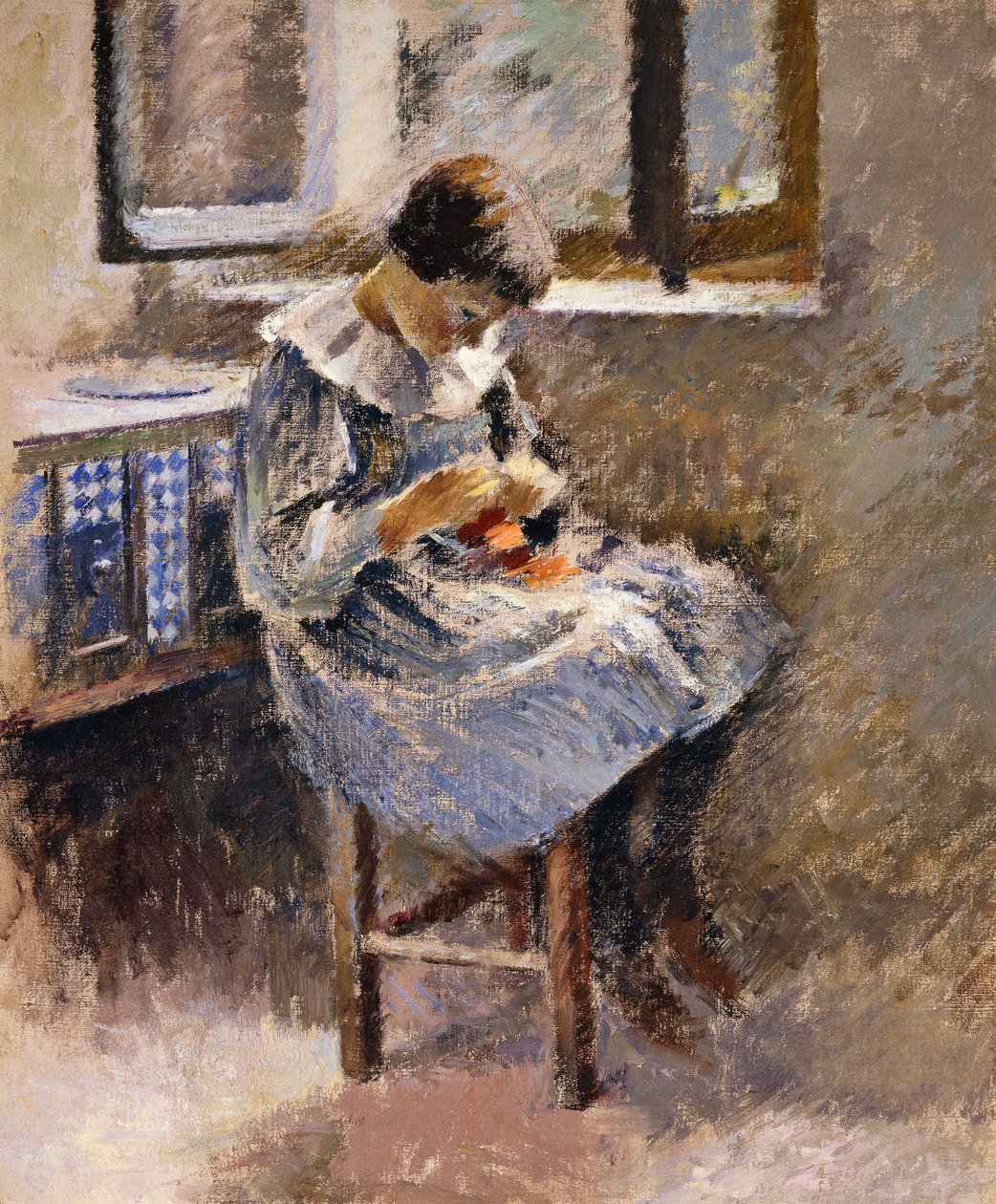 Meisje aan het naaien, ca. 1886 door Theodore Robinson