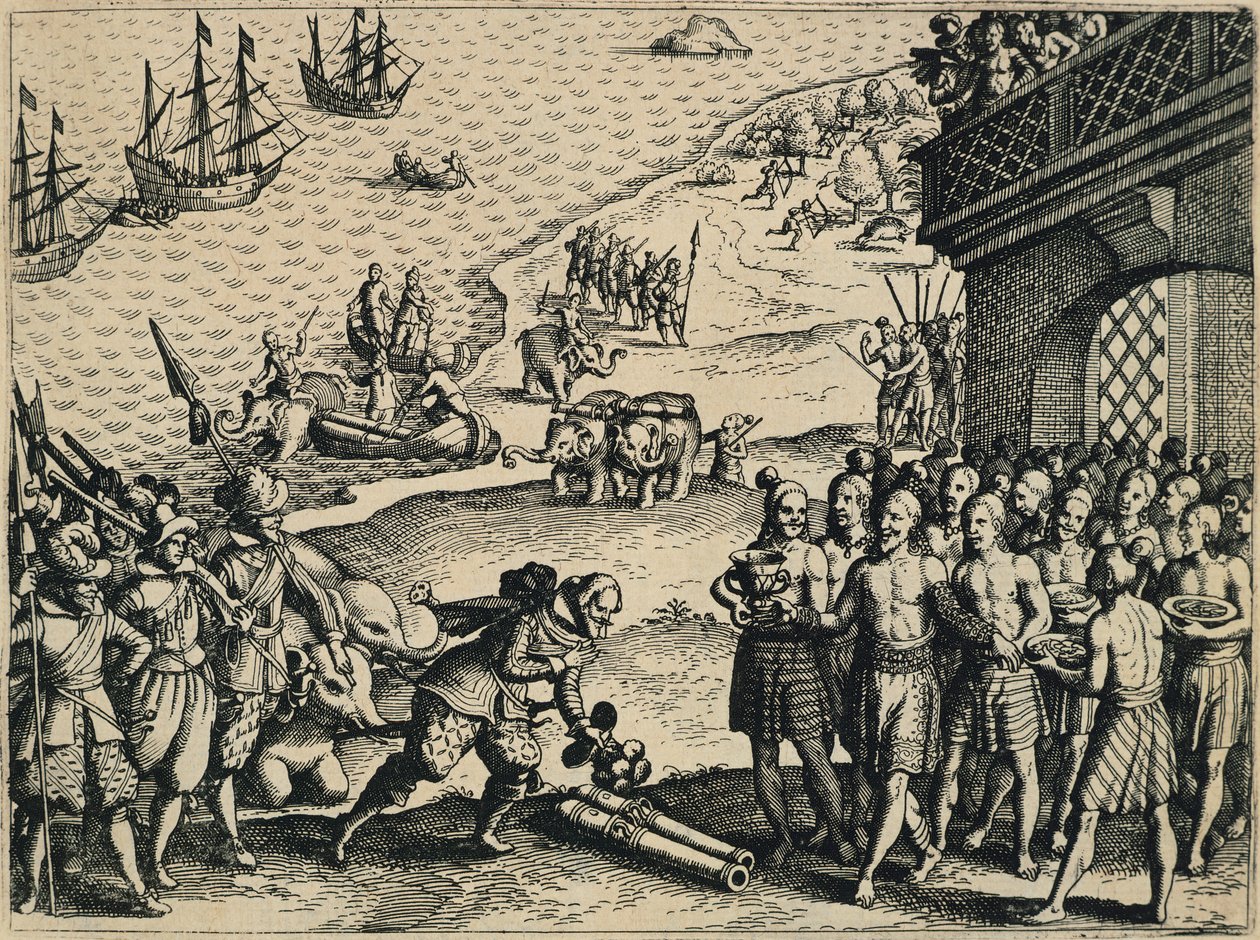De Nederlanders ontschepen in Calcutta door Theodore de Bry