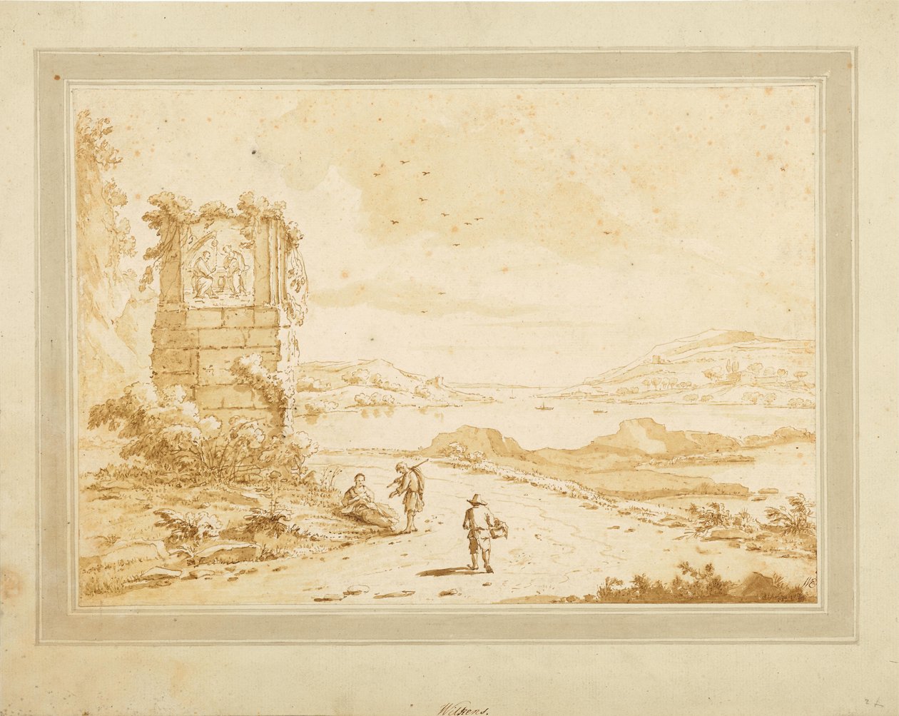 Baai met ruïnes en figuratief personeel door Theodorus Wilkens