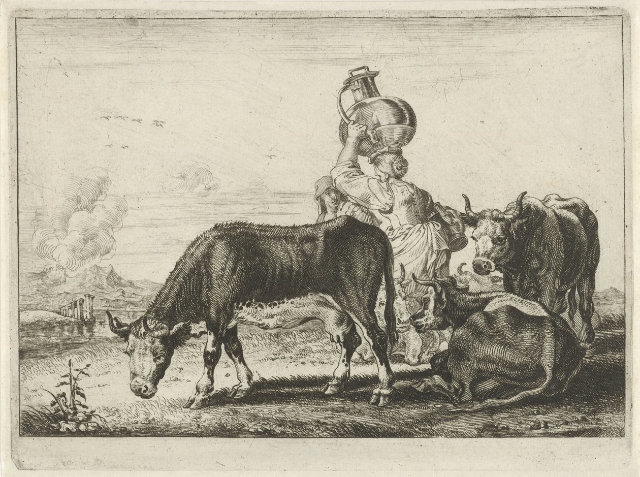 Koeien en twee melkmeisjes door Théodorus van Kessel