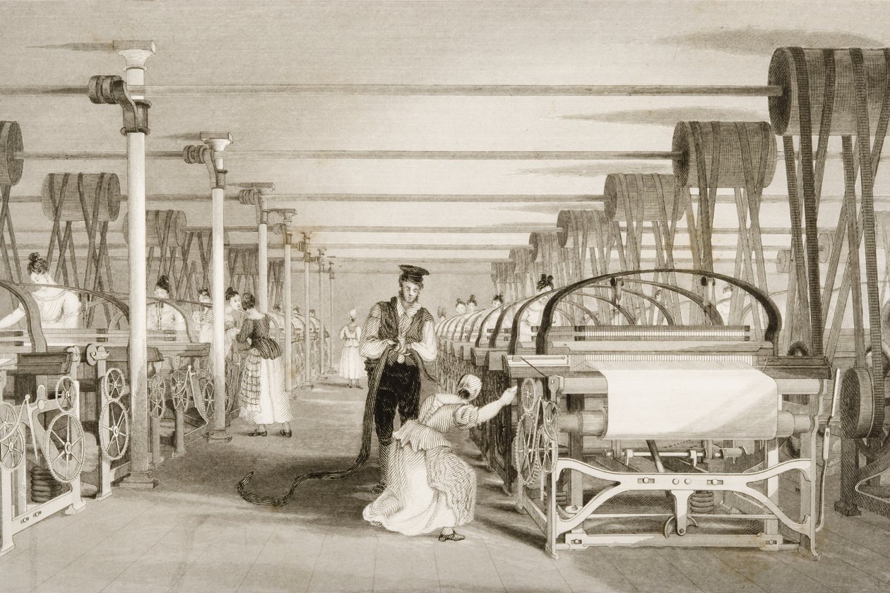 Weven op machinale weefgetouwen, katoenfabriekvloer, gegraveerd door James Tingle (fl.1830-60) ca.1830 door Thomas Allom