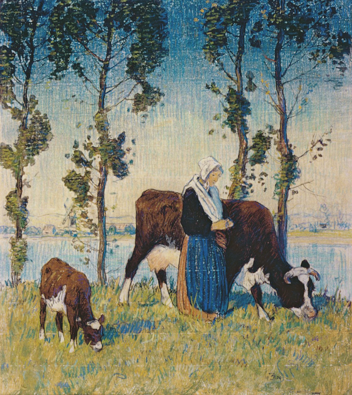 Vrouw met een koe en kalf door Thomas Austen Brown