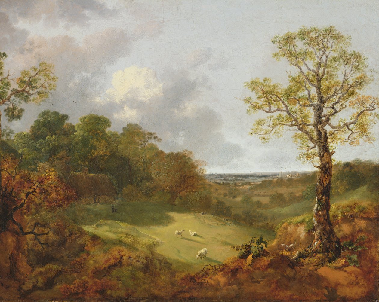 Bosrijk Landschap met een Huisje, Schapen en een Liggende Herder door Thomas Gainsborough