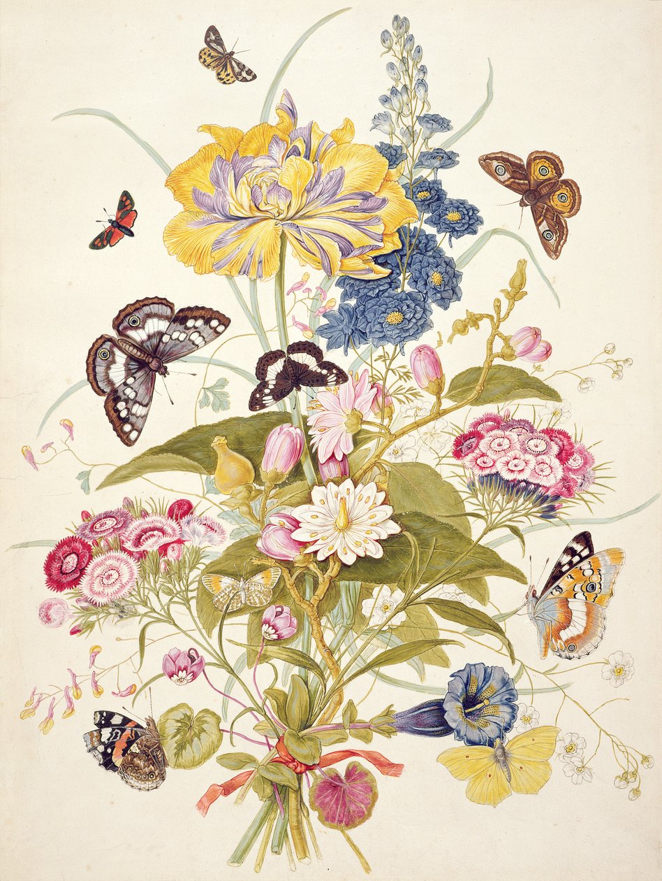 Stilleven van bloemen inclusief een papegaaitulp, ridderspoor, duizendschoon, gentiaan en cyclamen, 1769 door Thomas Robins