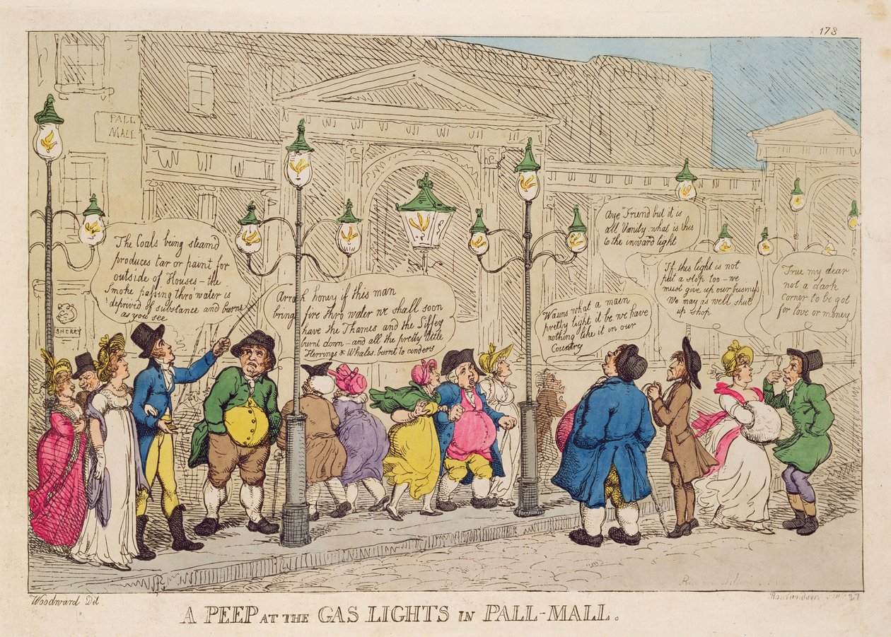 Een blik op de gaslichten in Pall Mall door Thomas Rowlandson