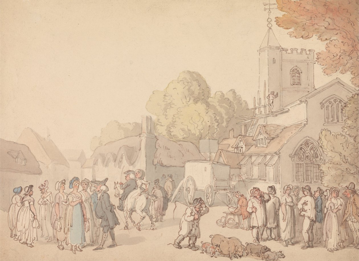 Een dorpsscène buiten een kerk door Thomas Rowlandson