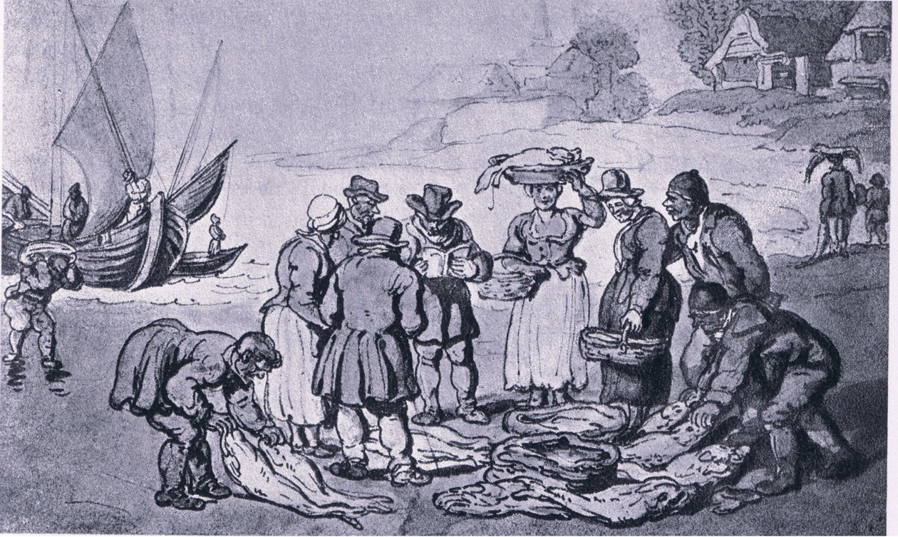 Een vismarkt op het strand door Thomas Rowlandson