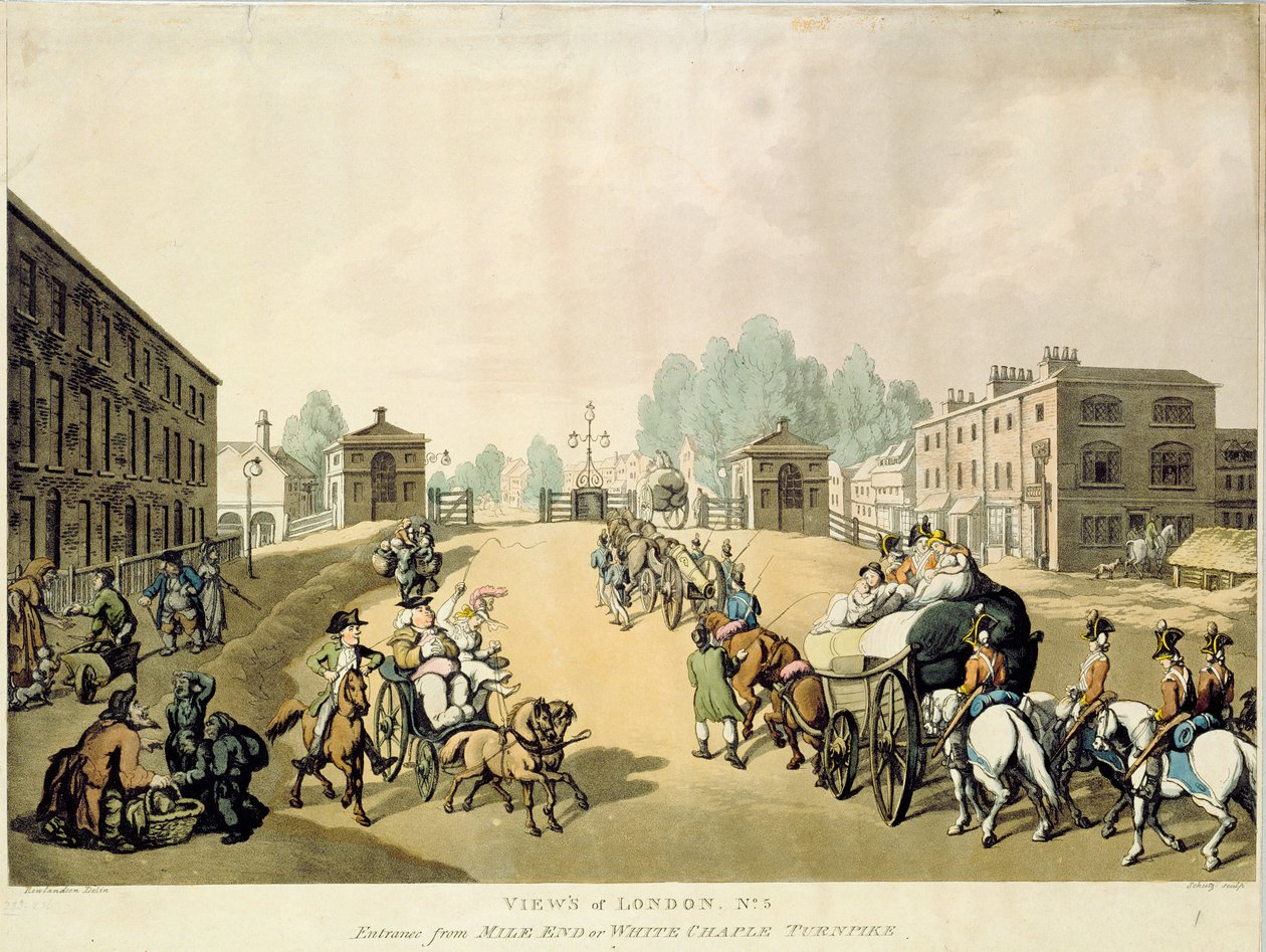 Ingang vanaf Mile End of Whitechapel Turnpike door Thomas Rowlandson