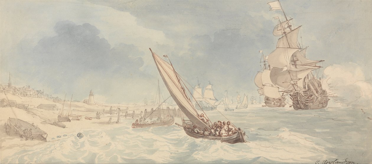 Oorlogsschepen en zeilboten bij een kust door Thomas Rowlandson