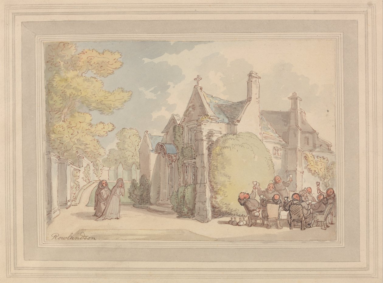 Monniken feestend buiten een klooster door Thomas Rowlandson