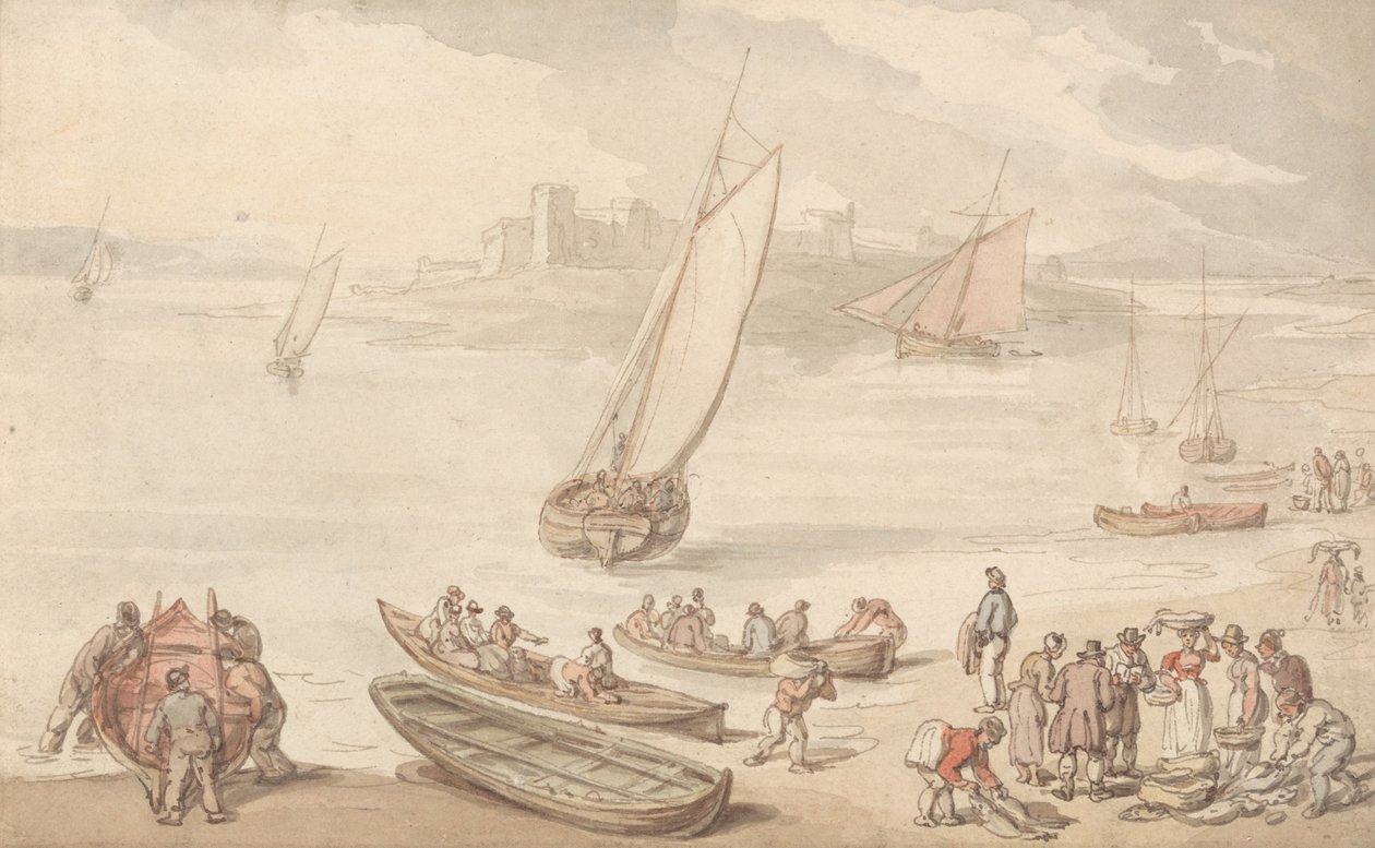 Vis verkopen op een strand door Thomas Rowlandson