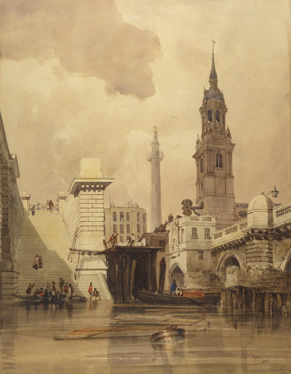 De Kerk van St. Magnus de Martelaar bij London Bridge, met Monument op de Achtergrond door Thomas Shotter Boys