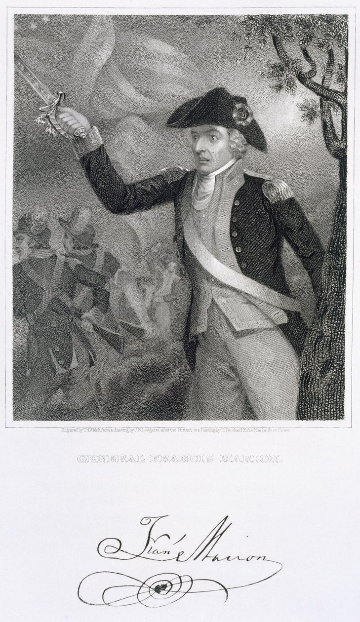Portret van Generaal Francis Marion bij de Slag om Eutaw Springs, 1781, gegraveerd door Thomas B. Welch naar een tekening van James Barton Longacre door Thomas Stothard