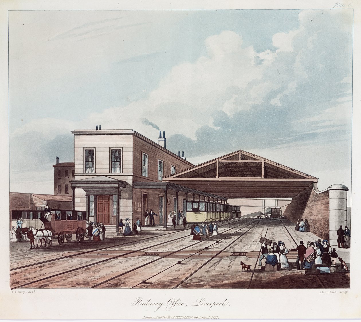 Het Spoorwegkantoor, Liverpool, gegraveerd door S.G. Hughes, 1831 door Thomas Talbot after Bury