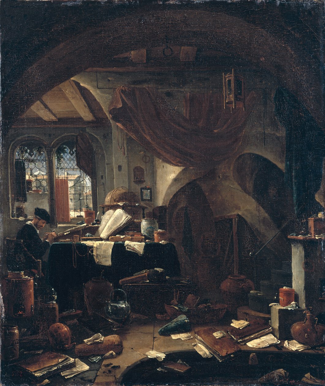 Een alchemistenlaboratorium door Thomas Wyck